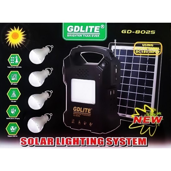 Kit iluminat cu panou solar pentru reincarcare cu lanterna, RadioFM, MP3 GDLite GD-8025 pret